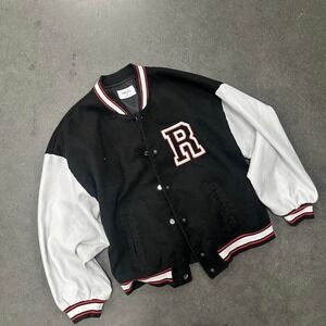 Rue21 black varsity jacket with white sleeves and red accents